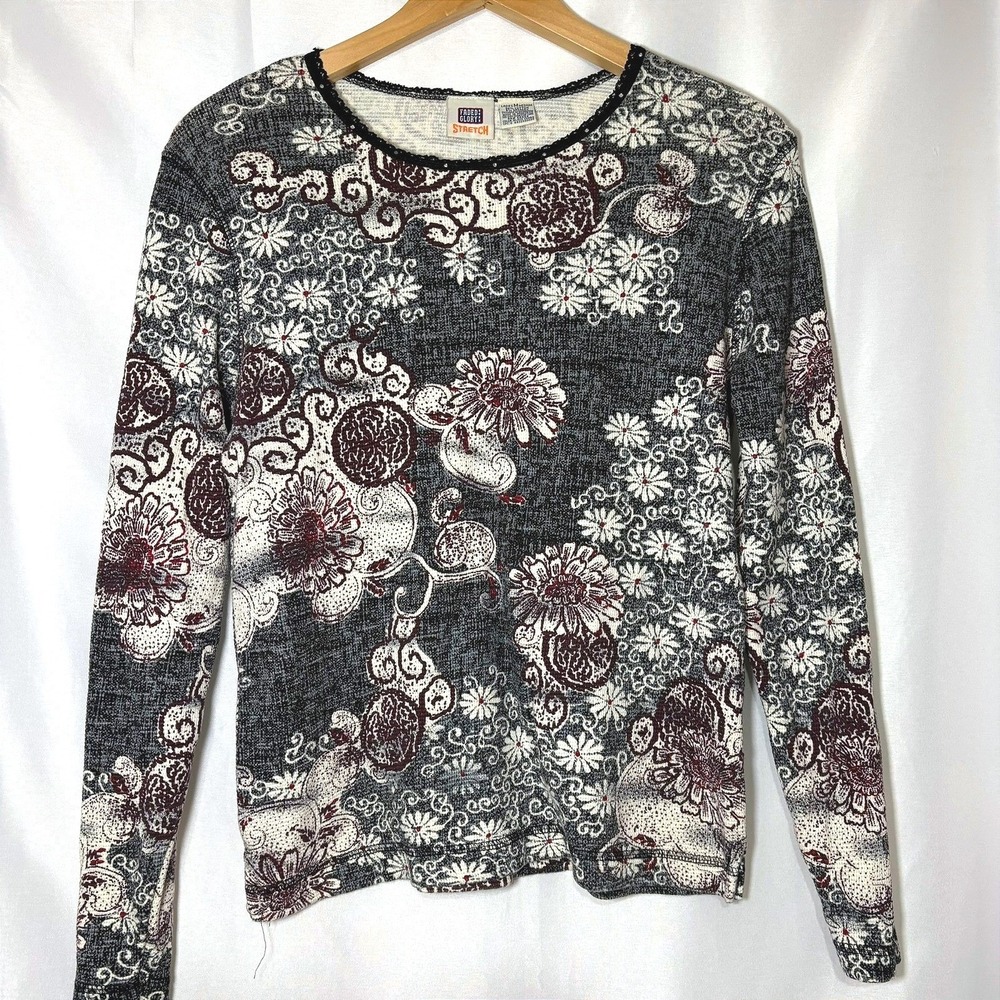 Vintage Faded Glory Waffle Knit Floral Top Black White Burgundy Rhinestone M